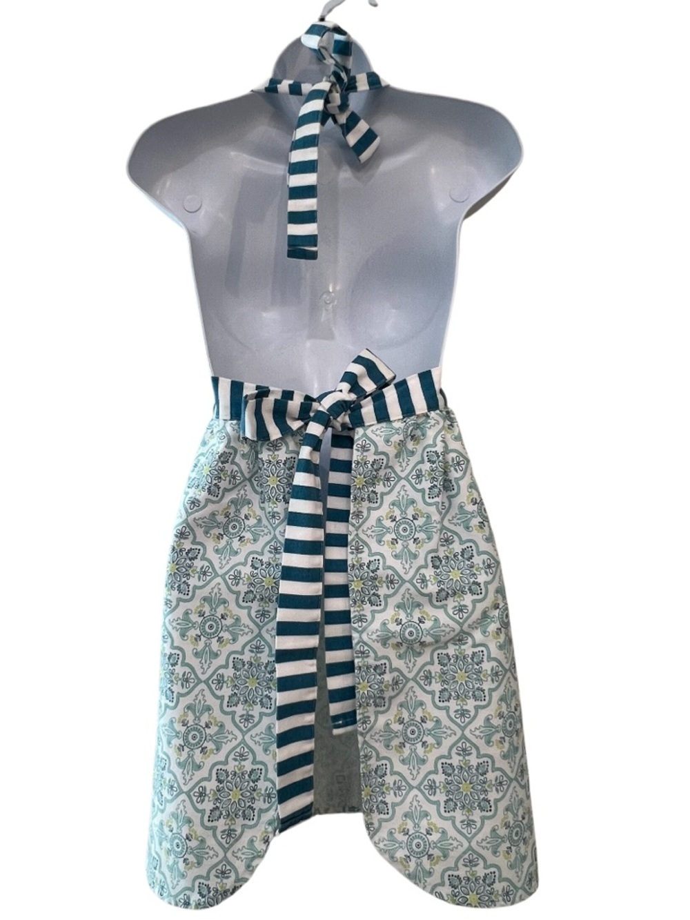 Daisy Fuentes Teal Medallion Print Ruffle Bib Full Apron Striped Trim - Picture 6 of 8